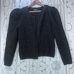 Express Black Tweed Knit Cardigan with Metallic Thread & Sequins – Size M